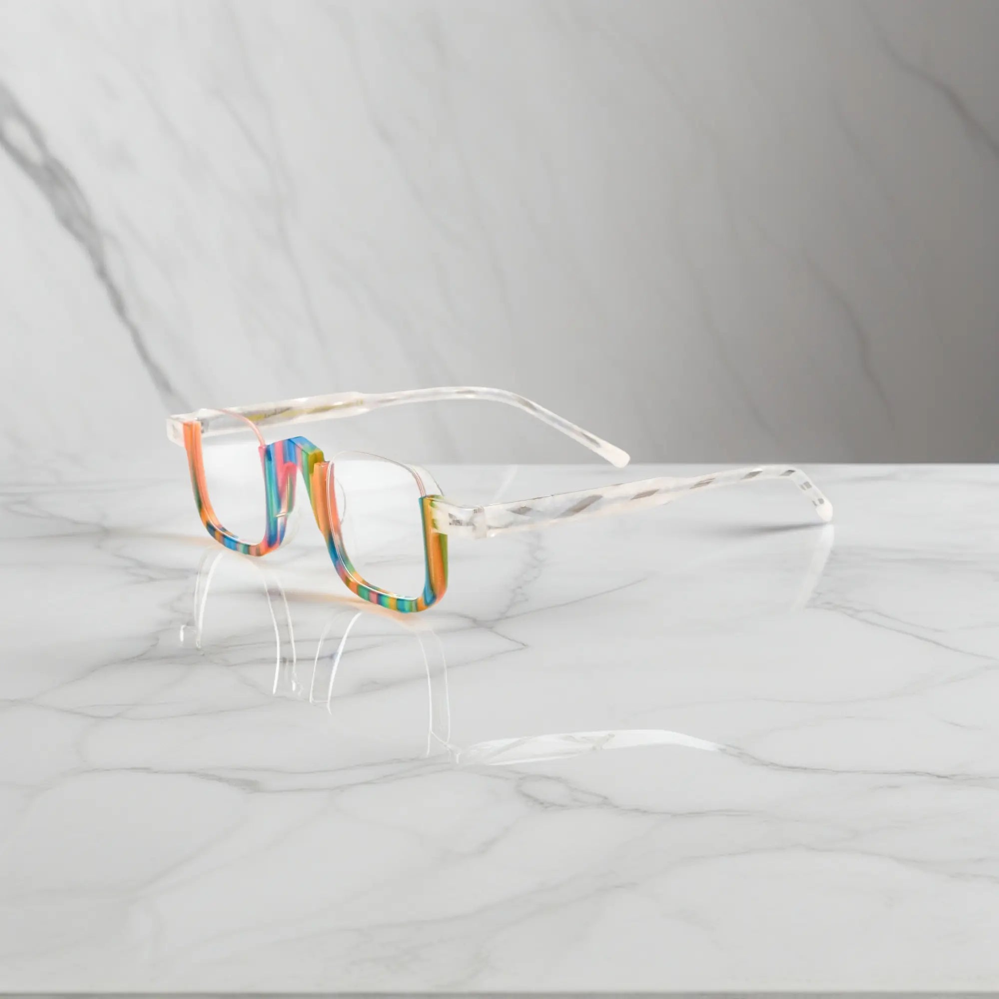 Side angle of VoyueLens™ crystal aurora optical eyeglasses with square frame, vibrant color gradient